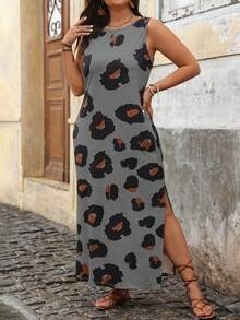 EMERY ROSE Plus Leopard Print Split Thigh Dress For Summer Vacation Maxi Women Outfit - Light Grey - View 1