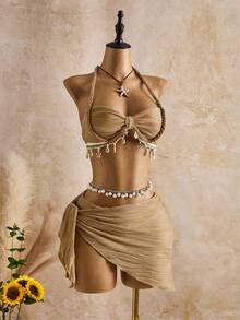 Bellisia Conjunto de tankini de traje de baño con tirantes finos, decorado con conchas marinas y estrellas de patrón de onda beige, para mujer, primavera/verano/otoño - amarillo ganso - Ver 4