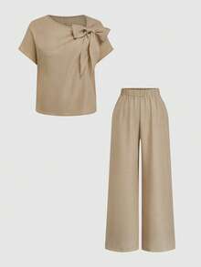 EMERY ROSE Ensemble 2 pièces en lin grande taille, coupe ample avec liens aux épaules - Kaki - Voir 6