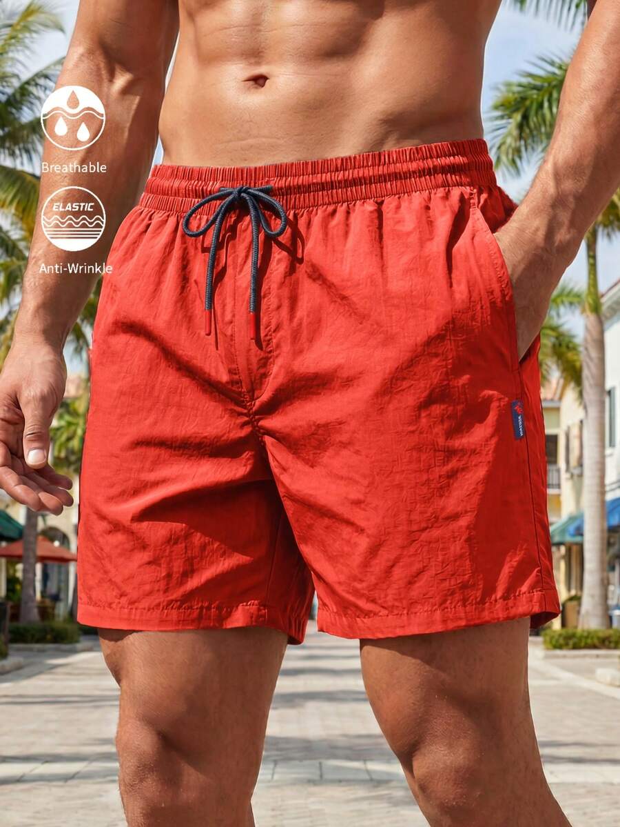 Solantero Men's Red Summer Casual Beach Holiday Solid Color Slant Pocket Drawstring Waist Shorts,Board Shorts,Swim Trunks,Vacation,Hawaii,Tropical,Bathing - Red - View 1