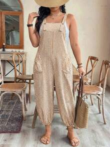 SHEIN LUNE CURVE Plus Size Women's Elegant Striped Pocket Jumpsuit With Drawstring, Suitable For Work And Commute, Spring/Summer - Coffee Brown - View 7