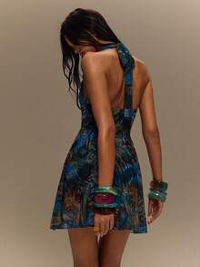 TypaGal Brown And Blue Summer Sexy Club Going Out Night Out Women Mini Dresses Lace Trim Deep V-Neck Mesh Halter Boho Y2K Vintage Ibiza Party Halloween - Multicolor - View 2