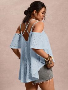 Freevana Plus Size Solid Color Minimalist Off-Shoulder T-Shirt - Baby Blue - View 2