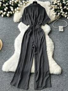 Bộ áo liền quần cổ blazer thời trang, cạp cao, kiểu dáng thường ngày. - Màu xám đen - Xem 2