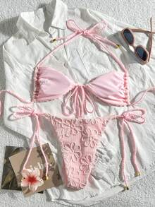 Swim Mod Summer Women 2pcs Textured Fabric Rope Tie Crop Top And Pants Swimwear Set - Pink - View 2