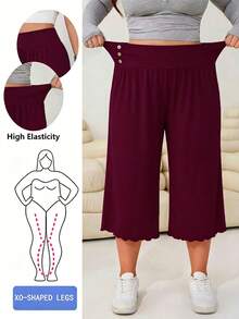 Elenzga Plus Size Women Casual Ruffle Hem Wide Leg Capri Pants - Burgundy - View 6