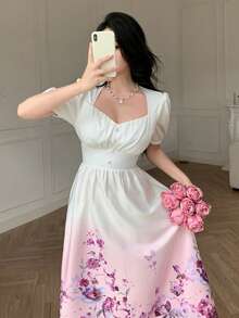 Celisse Square Neck Pearl Button Puff Sleeve Elastic Waist Floral Print Dress For Women - Multicolor - View 5