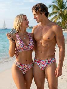 2026 New Summer Men's White Floral Boho Casual Beach Holiday Pool Party Triangle Swim Trunks,Plus Size Floral Print Swimwear Bathing Suits Briefs - Multicolor - View 2