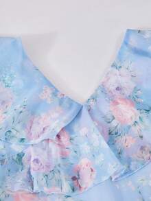 SHEIN Elladie kids 少女輕藍色花卉優雅V領荷葉領無袖高腰雪紡洋裝，夏季休閒派對畢業典禮婚禮正式禮服 - 紫色 - 查看 6