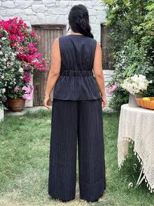 Modelyn Plus Size Women Navy Blue Asymmetric Hem Sleeveless Shirt And Wide Leg Pants Casual Elegant 2 Pieces Set Office Summer - Navy Blue - View 2