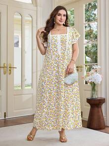 Al Najma Plus Size Women's Ditsy Floral Square Neck Ruffle Sleeve Arabic Style Dress - Multicolor - View 3