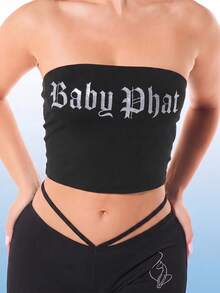 BABYPHAT 黑色哥特印花露脐抹胸无肩带针织衫，适合俱乐部、节日等夏季穿着。 - 黑色 - 查看 7