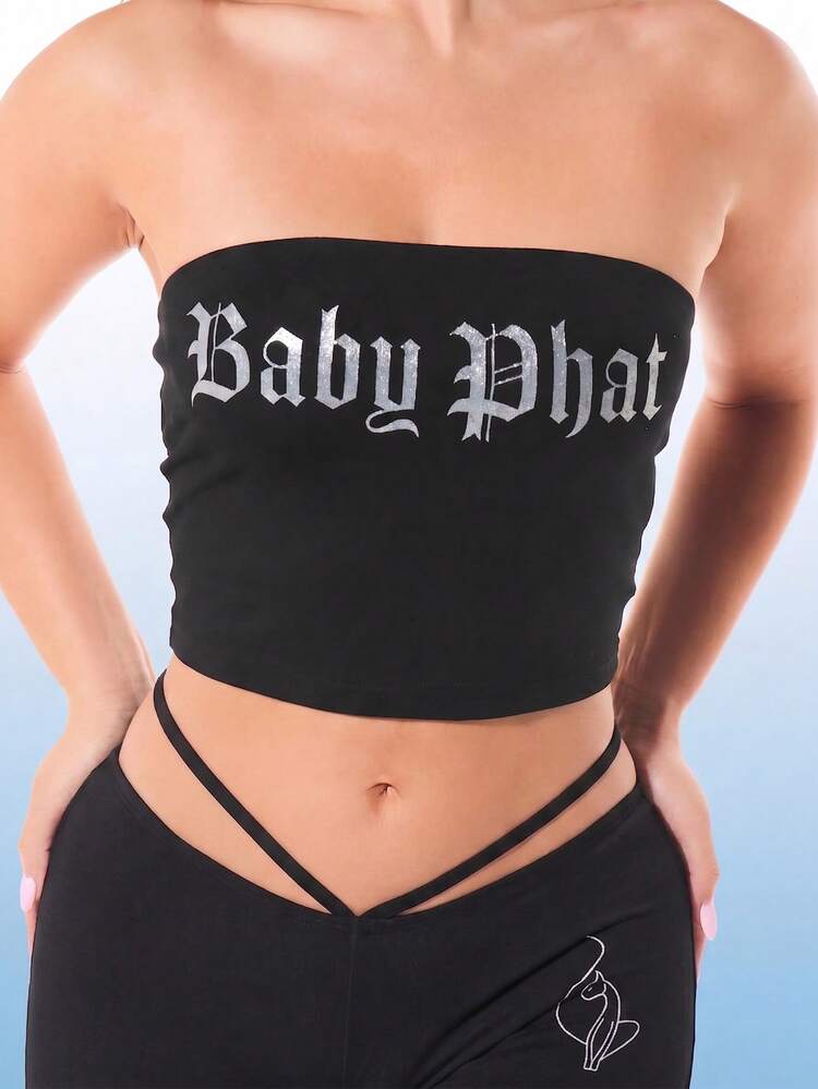BABYPHAT Top bandeau sin tirantes de jersey con estampado gótico negro, corto, para club y festival de verano
