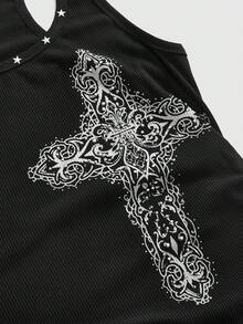 ROMWE Grunge Punk 大码女式复古坏女孩男女通用街头风休闲星星铆钉印花迷你紧身连衣裙 - 黑色 - 查看 2