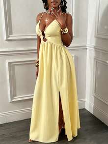 Glyssa Women's Spaghetti Strap Backless Criss-Cross Front Chest Hollow U-Shape Buckle Ruched Hem High Slit Dress Vacation Pale Yellow Summer - Light Yellow - View 3