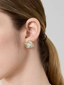 MOTF Anting-anting Temperamen Zirkonium Bertatahkan Bunga Berongga Dua Warna Berlapis Emas 18K - MultiWarna - View 7