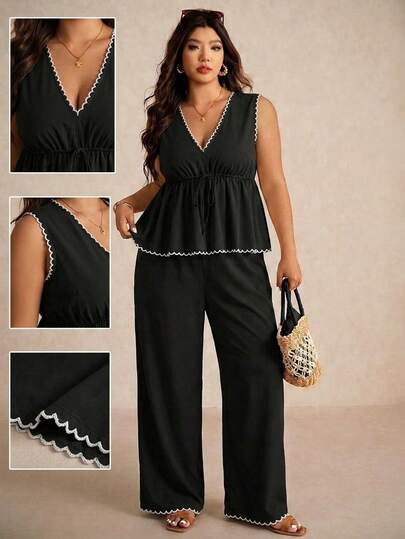 Elaquor Große Größen Casual Urlaubs Kontrast Farbige Muschel Blume Handwerkskunst Ärmelloses A-Linie Kleid Hemd und Gerade Bein Casual Hose 2-teiliges Set, Sommer Outfit