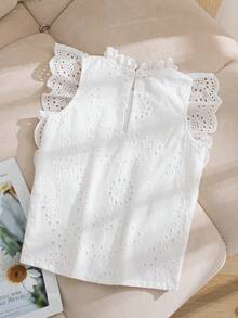 SHEIN Elladie kids 女童荷叶边领刺绣褶皱面料休闲衬衫，优雅乡村风格，适合外出和工作穿着，蓝色 - 白色 - 查看 2