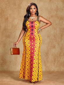 Brilight Vestido elegante y sexy para mujer, vestido sin mangas de cuello en V, ropa tradicional sudafricana, atuendo para fiestas y té de la tarde, estampado artístico, colores de moda de primavera y verano, vestido para sesión fotográfica artística, ropa para festival de música, ropa de verano para mujer - Amarillo - Ver 4