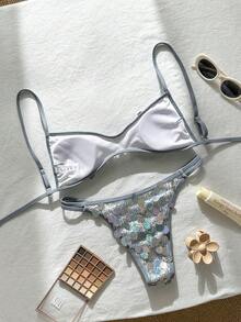 Swim Vcay 香槟金亮片迷你杯比基尼上衣和系带泳裤两件套泳装，性感沙滩度假装 - 灰色 - 查看 2