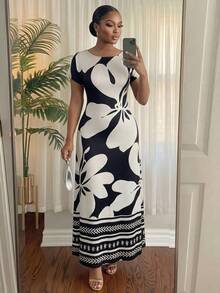 SHEIN Lady CURVE 大尺碼女款拼色黑白圓領洋裝，適合工作派對、正式婚禮賓客、晚宴，夏季優雅休閒茶會穿搭 - 彩色 - 查看 7