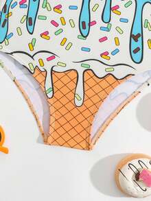 Young Girl Cute Ice Cream Print Sleeveless One Piece Swimsuit, Cute Fluid Beachwear - Pink - View 4