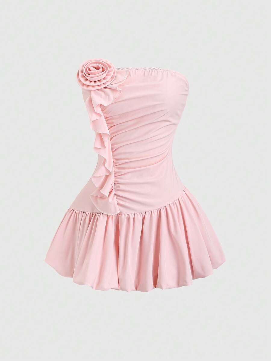 Qadelle Vestido mini con volantes florales sin tirantes, con cintura plisada, minimalista y elegante, adecuado para vacaciones, uso diario casual, primavera/verano para mujeres - Rosa - Ver 1