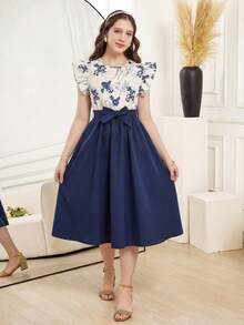 Teen Girl Elegant Floral Print Ruffle Sleeve Midi Dress With Waist Belt And Bow, Vacation Dresses - Navy Blue - View 4