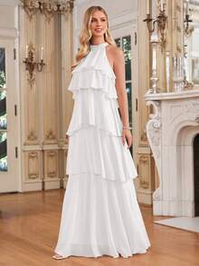 Amorya Summer Dress Women's Elegant Romantic White Halter Neck Layered Ruffle Hem Flowy Long For Wedding Dinner Date Bride Bachelorette Formal - White - View 5