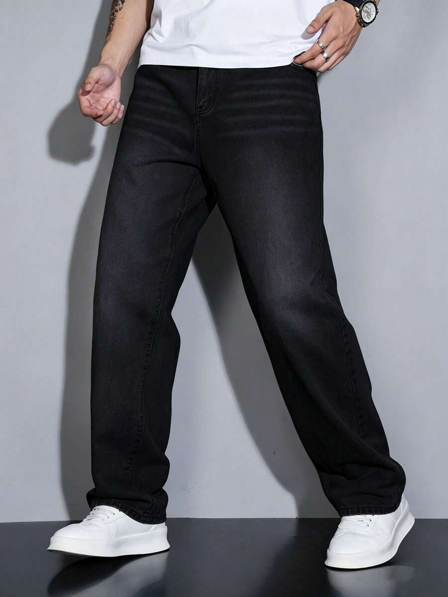 Manfinity Homme Men's Casual Versatile Daily Wear Pocketed Button Denim Jeans - Black - View 1
