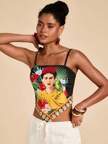 Travachic Frida Kahlo X SHEIN 女士 Frida 印花不对称下摆吊带背心 - 优雅度假沙滩装，完美适用于热带假期、西方音乐节、通勤和夏季外出 - 彩色 - 查看 7