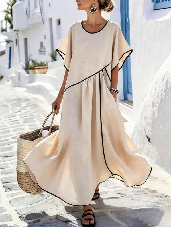 SHEIN Holidaya Beige Linen Blend Maxi Dress With Black Contrast Trim,Oversized Kaftan Dress With Black Piping,Casual Loose Linen Maxi Dress With Pockets,Boho Beige Linen Dress With Black Contrast Trim,Minimalist Linen Blend Maxi Dress For Summer,Relaxed Fit Kaftan Style Dress ,Ound Neck Batwing Sleeve Beige Linen Maxi Dress ,Oversized Flowy Summer Dress ,Summer Clothes ,Summer Dresses,Casual Dresses For Women,Vacation Dresses ,Country Dress For Women,Ruffle Dress, Beach Dresses,Beach Outfits For Women,Beach Cover-Up Women,Khaki Maxi Dress,Women's Loose-Fit Short-Sleeve Dress