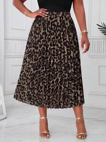 SHEIN Lady CURVE Chân váy xếp ly họa tiết da báo thời trang cỡ lớn, thích hợp cho mùa hè. - Nhiều màu - Xem 1