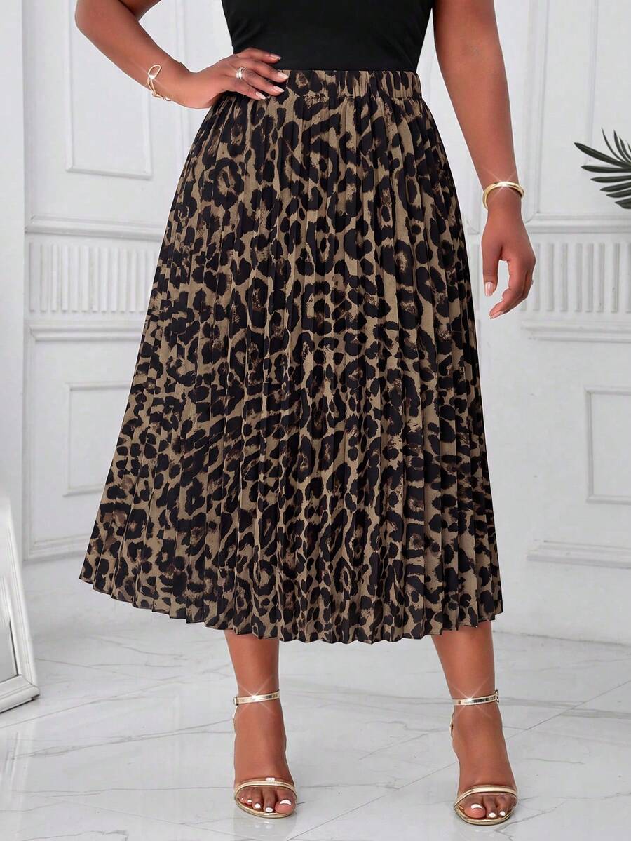 SHEIN Lady CURVE Chân váy xếp ly họa tiết da báo thời trang cỡ lớn, thích hợp cho mùa hè. - Nhiều màu - Xem 1