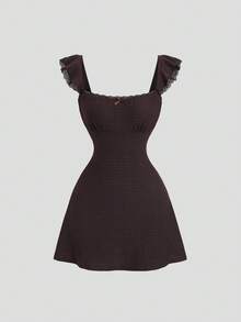 Sweetra Women's Spring/Summer Textured Lace Trim Patchwork Dress - Coffee - View 3
