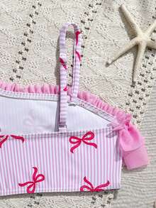 Young Girls Bowknot Striped Cute Ruffled Asymmetric Shoulder Adjustable Strap Ruffled Hem Triangle Bikini 2-Piece Swimwear Set - Multicolor - View 4