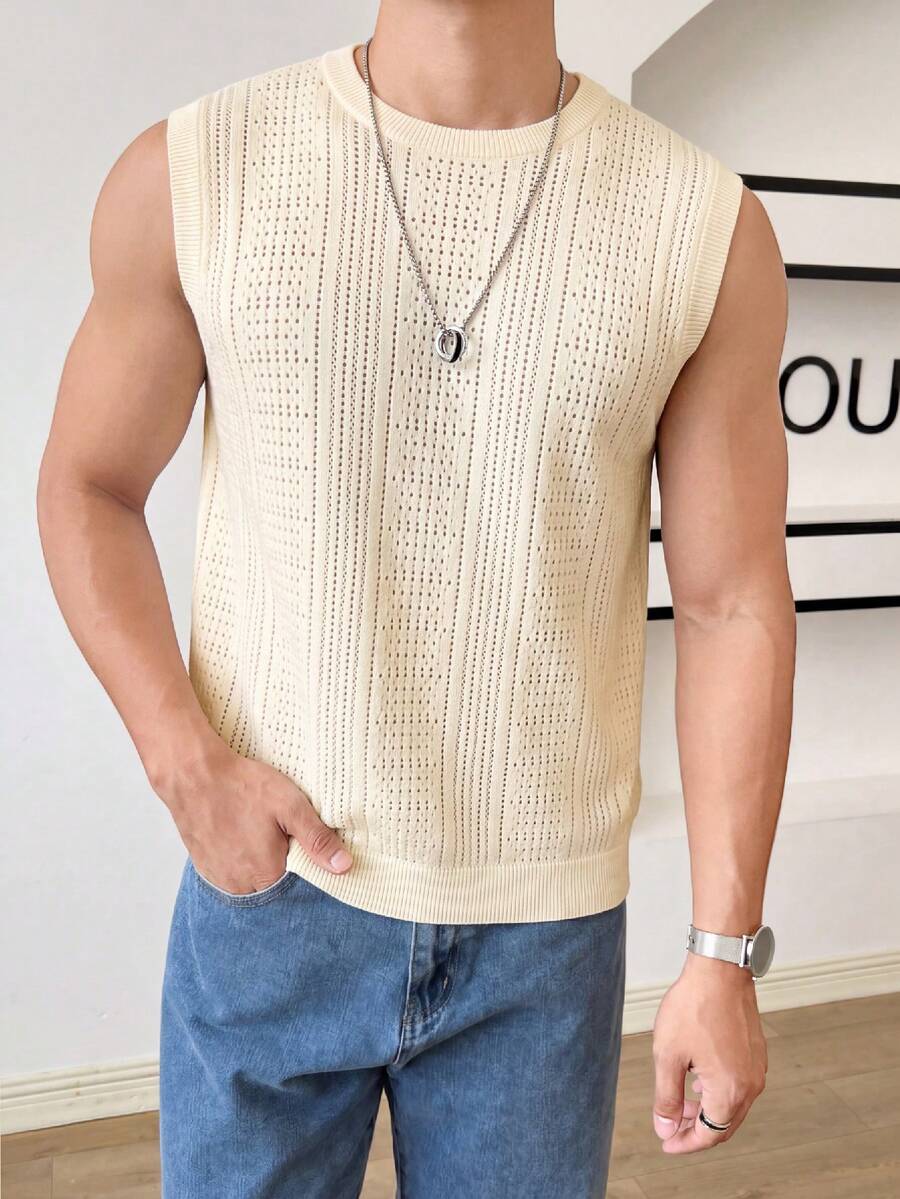 Manfinity BRENVOR 男士休闲纯色针织背心,夏季 - 杏色 - 查看 1