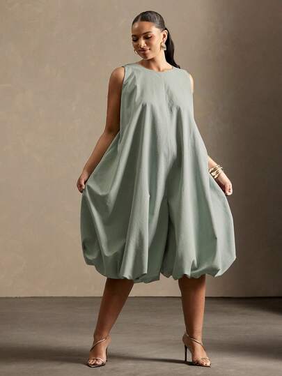 Vixey Solid Woven Sleeveless Round Neck Balloon Hem Jumpsuit