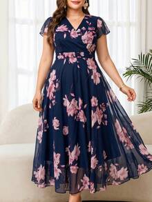 Reflora 大码女士优雅印花连衣裙，夏季婚礼宾客礼服 - 彩色 - 查看 5