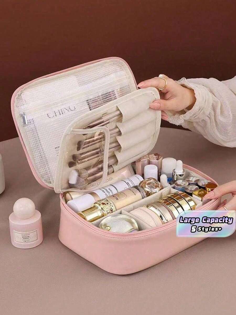Large-Capacity Makeup Bag – Multi-Compartment Storage Box, Suitable For Cosmetics, Brushes, And Skincare Products, Portable Beach/School/Gift Travel Case With Clip Design For Easy Access