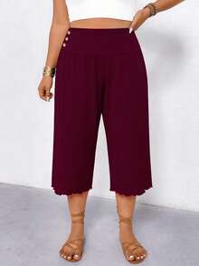 Elenzga Plus Size Women Casual Ruffle Hem Wide Leg Capri Pants - Burgundy - View 5