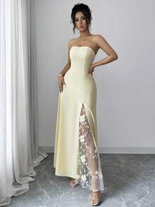 SHEIN Raffinéa Women's Floral Patchwork Mesh Elegant Dress - Butter Yellow - View 4