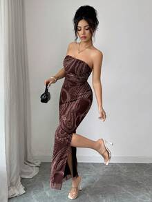 SHEIN Raffinéa Allover Print Ruched Side Tube Bodycon Dress Maxi Women Outfit - Coffee Brown - View 5