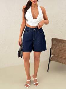 SHEIN Casual, Raw Wash, Vintage Indigo, Classic Navy, Mid Rise, Cotton, Rigid Denim, Bermuda Shorts - Dark Wash - View 4