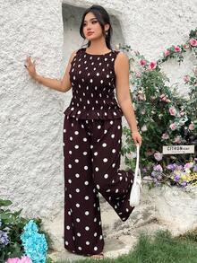 Modelyn Plus Size Women Casual Polka Dot Print Camisole & Pants 2 Pieces Set - Brown - View 5