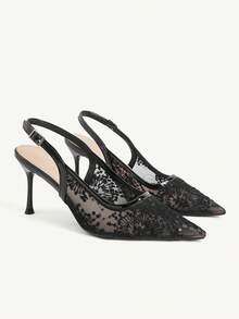 CUCCOO CHICEST Giày nữ mũi nhọn, gót nhọn, màu đen, phối ren lưới, thời trang, tiện dụng, thanh lịch, gợi cảm, giày cao gót nữ, giày slingback, giày nữ. - Màu đen - Xem 5