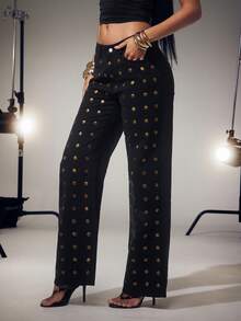 Denimoi Celana Jeans Denim Potongan Lurus dengan Detail Stud Emas, Modis, Musim Gugur dan Musim Dingin - Hitam - View 4