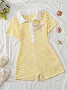 SHEIN Tween Girl Embellished Starfish Striped Polo Neck Romper - Yellow - View 1
