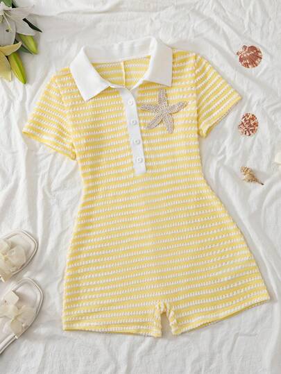 SHEIN Tween Girl Embellished Starfish Striped Polo Neck Romper
