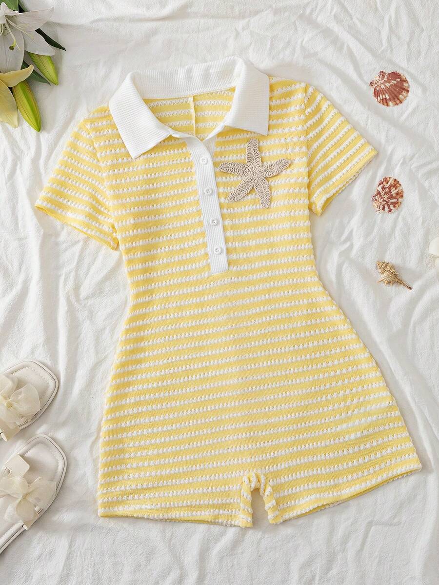 SHEIN Tween Girl Embellished Starfish Striped Polo Neck Romper - Yellow - View 1